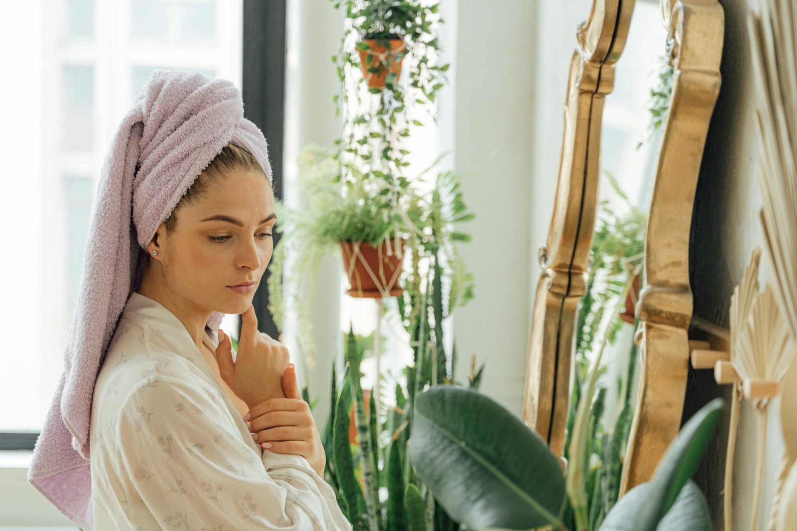 Woman standing by a mirror with a towel on her head, reflecting on a calm and balanced daily routine